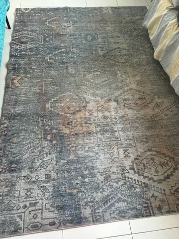 Used Large Grey Vintage-Style Area Rug with Geometric Pattern