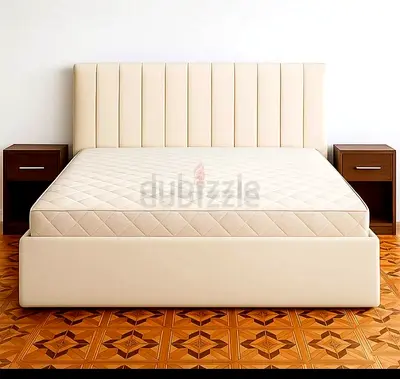 Queen-size upholstered bed frame with headboard (cream) + mattress