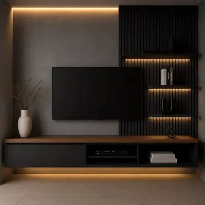 Modern wall-mounted entertainment TV cabinet with LED shelves