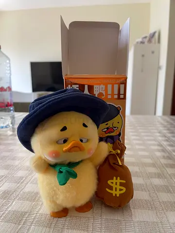 Cute plush chick toy with hat and money bag (like new, with box)