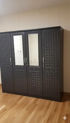 Dark wooden 4-door wardrobe with mirror — brand new