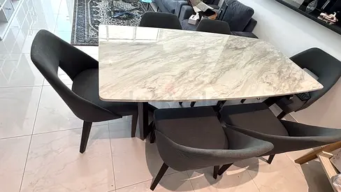 Marble-top Dining Table with 5 Upholstered Chairs - Excellent Condition