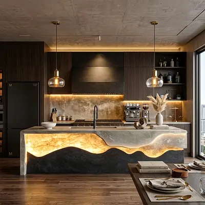 Modern backlit stone kitchen island with integrated sink
