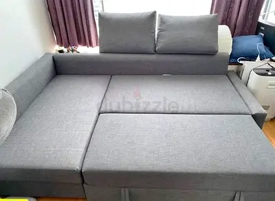 Grey Fabric L-Shaped Sofa Bed
