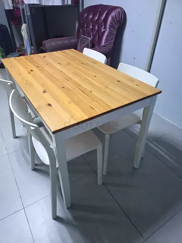 Solid Wood Top Dining Table with 4 White Chairs - Light Oak Finish