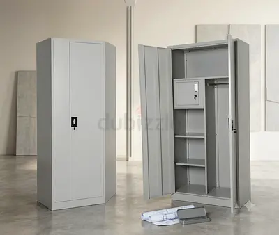 Gray Metal Storage Wardrobe Cabinet with Lockable Compartment - Good Condition