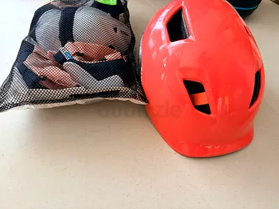 Kids bicycle helmet with knee & elbow pads set - coral/orange, good condition