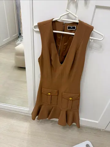 Elisabetta Franchi Brown Sleeveless Dress with Gold Details