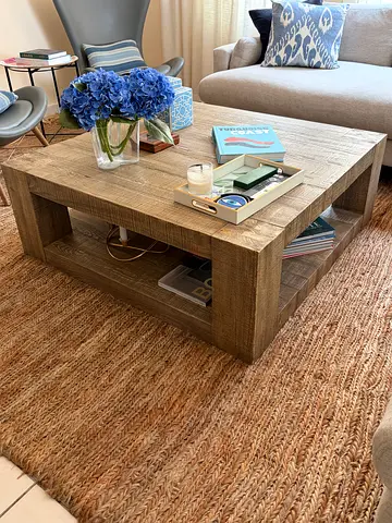 Crate and Barrel solid wood look square coffee table with lower shelf - sturdy, rustic finish