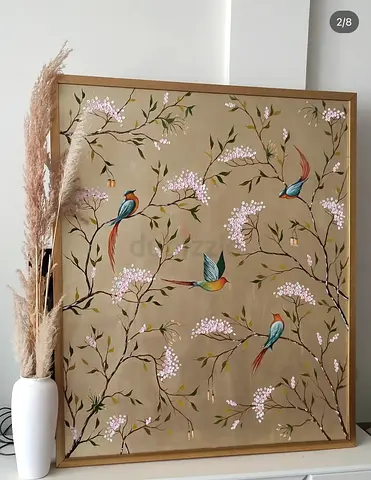 Hand-Painted Oil Painting of Birds & Blossoms