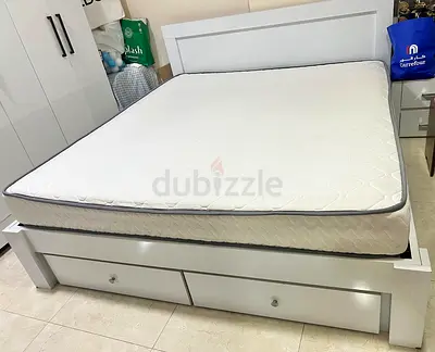 *OFFER* White Wooden Double Bed with Storage Drawers and Mattress - Good Condition- Pan Home