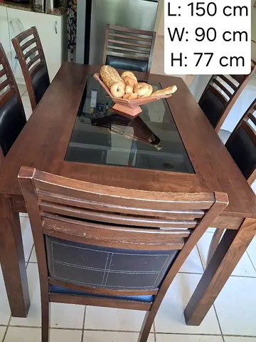 Solid Wood 6-Seater Dining Table with Glass Inset (150x90x77 cm)