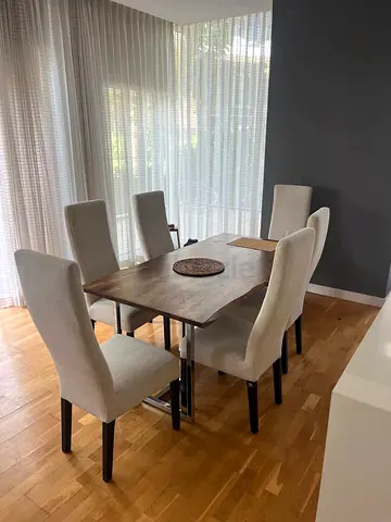 Solid Wood Dining Table with 6 Upholstered High-Back Chairs