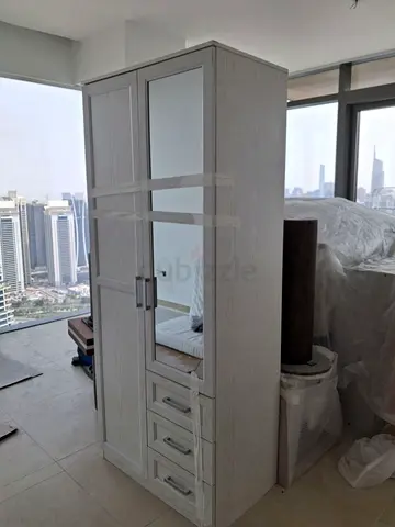 White Wooden Wardrobe with Mirror and Drawers - Good Condition