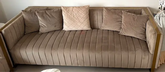Light beige velvet 3-seater 2 sofas with gold trim - good condition