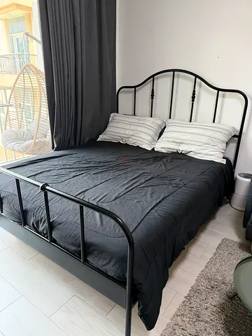 IKEA Black Metal Double Bed Frame with Headboard 180x200