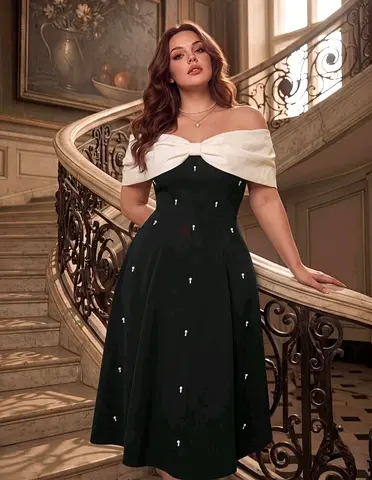Plus Size Women's Black And White Patchwork Bowknot Faux Pearl Elegant Off Shoulder Midi Dress