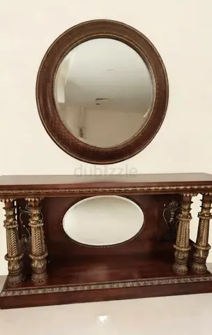 Solid Wood Console Table with Decorative Columns and Round Mirror