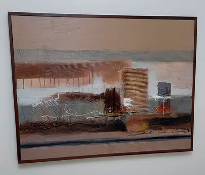 Abstract textured landscape painting in wooden frame - neutral tones