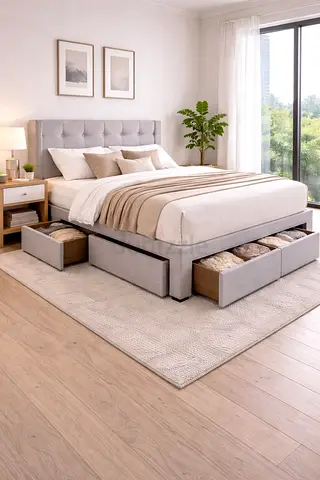 Grey upholstered storage bed with pull-out drawers — Queen/King size