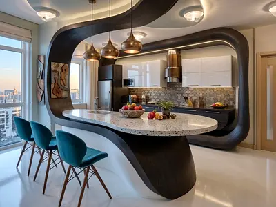 Modern curved kitchen island with terrazzo countertop and 3 bar stools