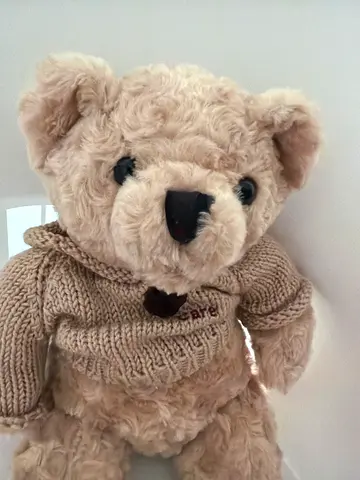 Light beige plush teddy bear in knitted sweater - good condition