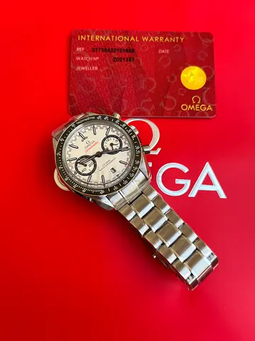 Omega Speedmaster Racing Co-Axial Master Chronometer watch, featuring a clean white dial and a black