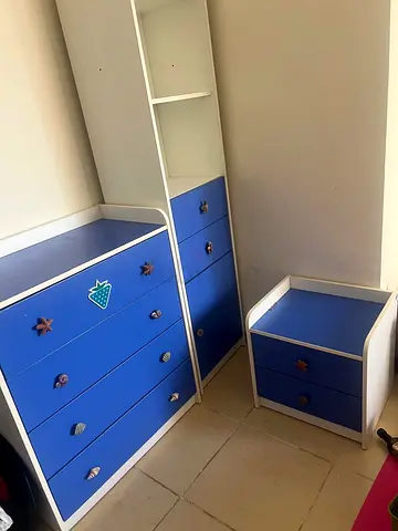 Blue and white kids bedroom furniture set — chest, bedside and shelf