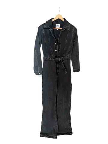 Zara Black Denim Jumpsuit with Belt - Size xs