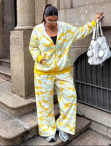 Plus Size Printed Hoodie Top And Pants 2 Pieces Set Y2k Yellow
