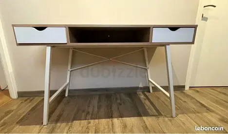Wooden Study Desk with Two Drawers — Light Oak & White, Good Condition