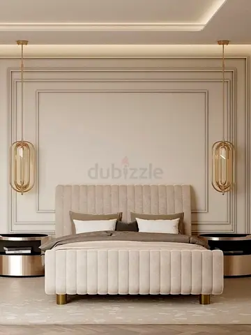 Upholstered Double Bed with Padded Headboard - Neutral Beige