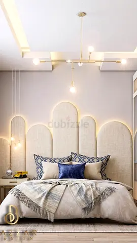 Queen Bed with Cushioned Arched Headboard and Modern Lighting - Excellent Condition