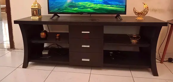 Dark Wood TV Stand with Drawers and Open Shelves - Good Condition