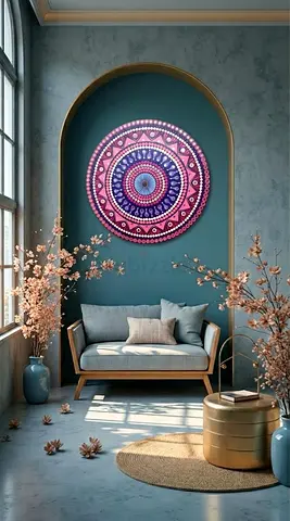 Handmade Round Mandala Wall Rug — Pink & Blue Decorative Tapestry