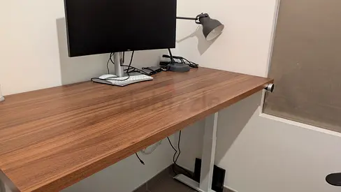 Adjustable Height Wooden Office Desk - Walnut Finish (Good Condition)