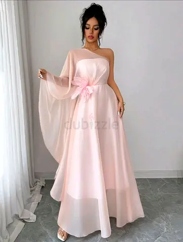 Light Pink,Summer,Elegant,Wedding Ninang Lightweight Sheer Asymmetric Shoulder Cape Dress