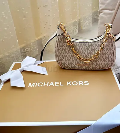 Michael Kors Small Shoulder Bag with Chain Detail - Beige MK Logo