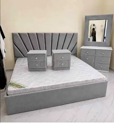 Grey Velvet King Bed with Mattress, 2 Nightstands and Dresser with Mirror