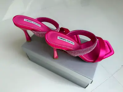 Pink strappy heeled sandals with crystal detailing
