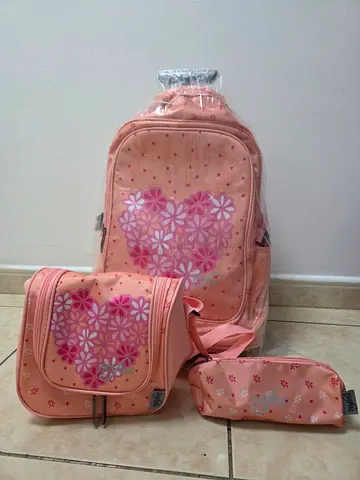 Peach Floral Heart Kids School Backpack Set - Backpack, Lunch Bag & Pencil Case