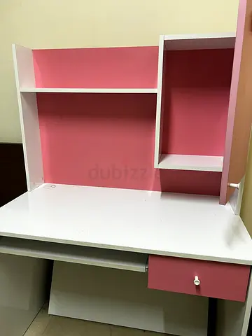White and Pink Study Desk with Shelves and Drawer - Good Condition