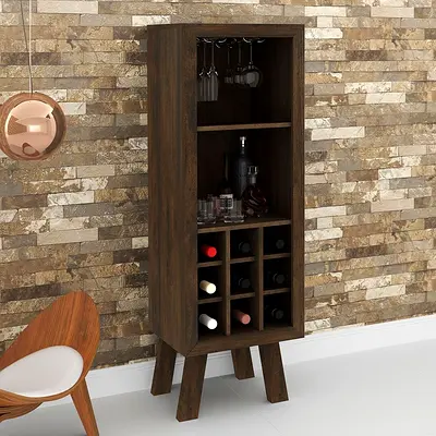 Tall Wooden Mini Bar - Wine Rack Cabinet with Glass Holder — Dark Brown