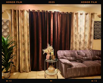 Set of Beige Patterned and Brown Blackout Curtains for sale