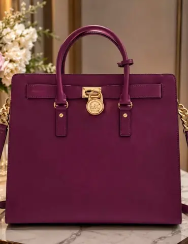 Purple Designer-Style Structured Tote Bag with Gold Hardware
