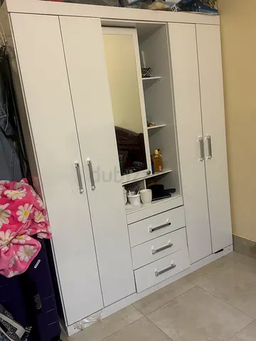 White 4-Door Wardrobe with Mirror and Drawers - Good Condition