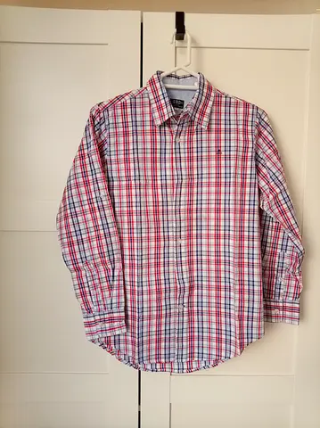 Boy's long-sleeve red/blue checked button-up shirt - size M