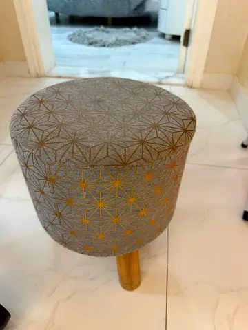 Round Upholstered Ottoman Stool with Wooden Legs - Grey & Gold Pattern
