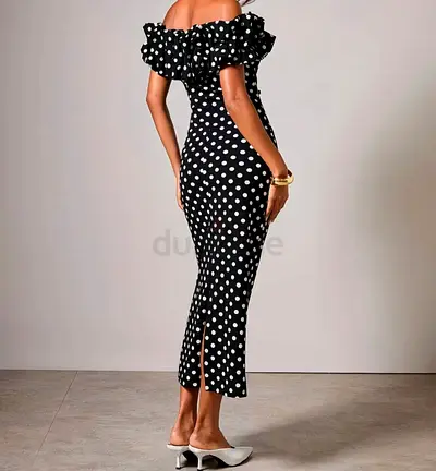 Black Polka Dot Off-Shoulder Midi Dress with Frilled Neckline