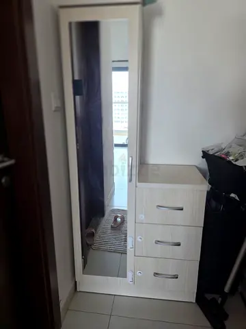 White tall wardrobe with full-length mirror and drawers - good condition